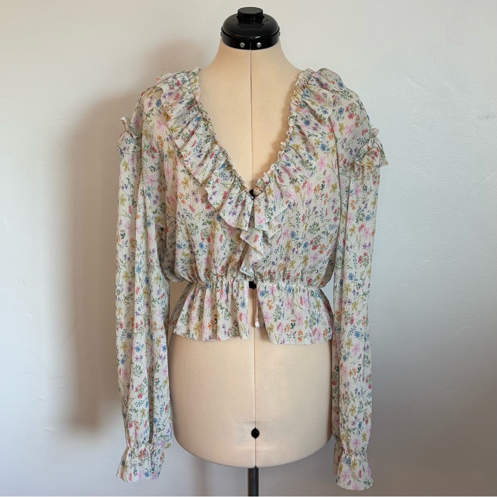 By Anthropologie Floral Long Sleeve Mesh Ruffle Blouse, Multicolor Peplum Crop M